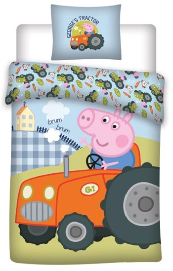 Gustav grisesengetøy – 100×140 cm – Gustav grisetraktor – Lysende sengetøy – 2 i 1 design – 100% bomull