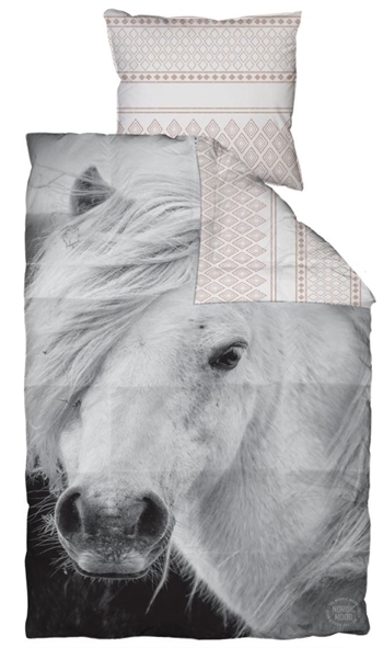 Heste junior sengetøy – 100×140 cm – Junior sengesett med hvit hest – 2 i 1 design – 100% bomullsateng