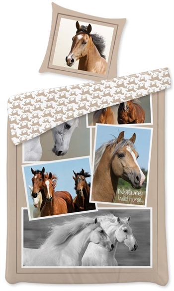 Hestesengetøy – 140×200 cm – Sengesett med flere hestebilder – 2 i 1 design – 100% bomull