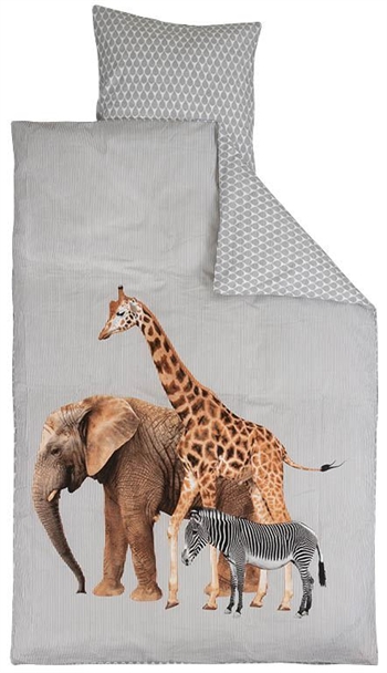 Sengetøy – 140×200 cm – Sjiraff, elefant og sebra – 2 i 1 design – 100% bomull