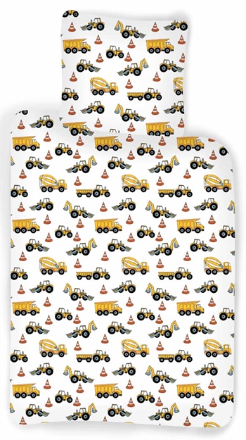 Sengetøy med maskiner – 140×200 cm – Sengesett med lastebiler, traktorer og gravemaskiner – 100% bomull