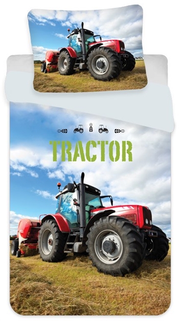 Traktorsengetøy – 100×140 cm – Rødt traktorsengesett – 2 i 1 design – 100% bomull