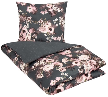 Sateng sengesett – 150×210 cm – 100% Bomullssateng – Flowers & Dots – Grå-grønn